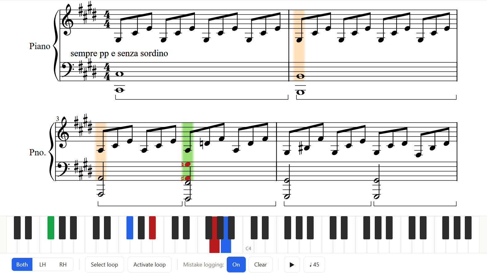 Wrong notes highlighted on the mini keyboard and marked in the sheet
